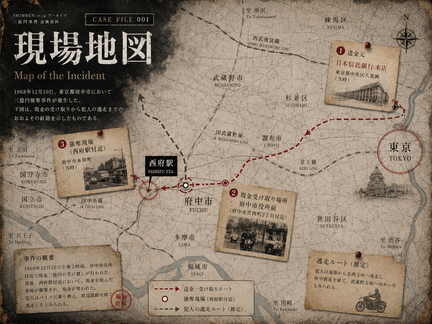 三億円事件の経路地図を表現した画像