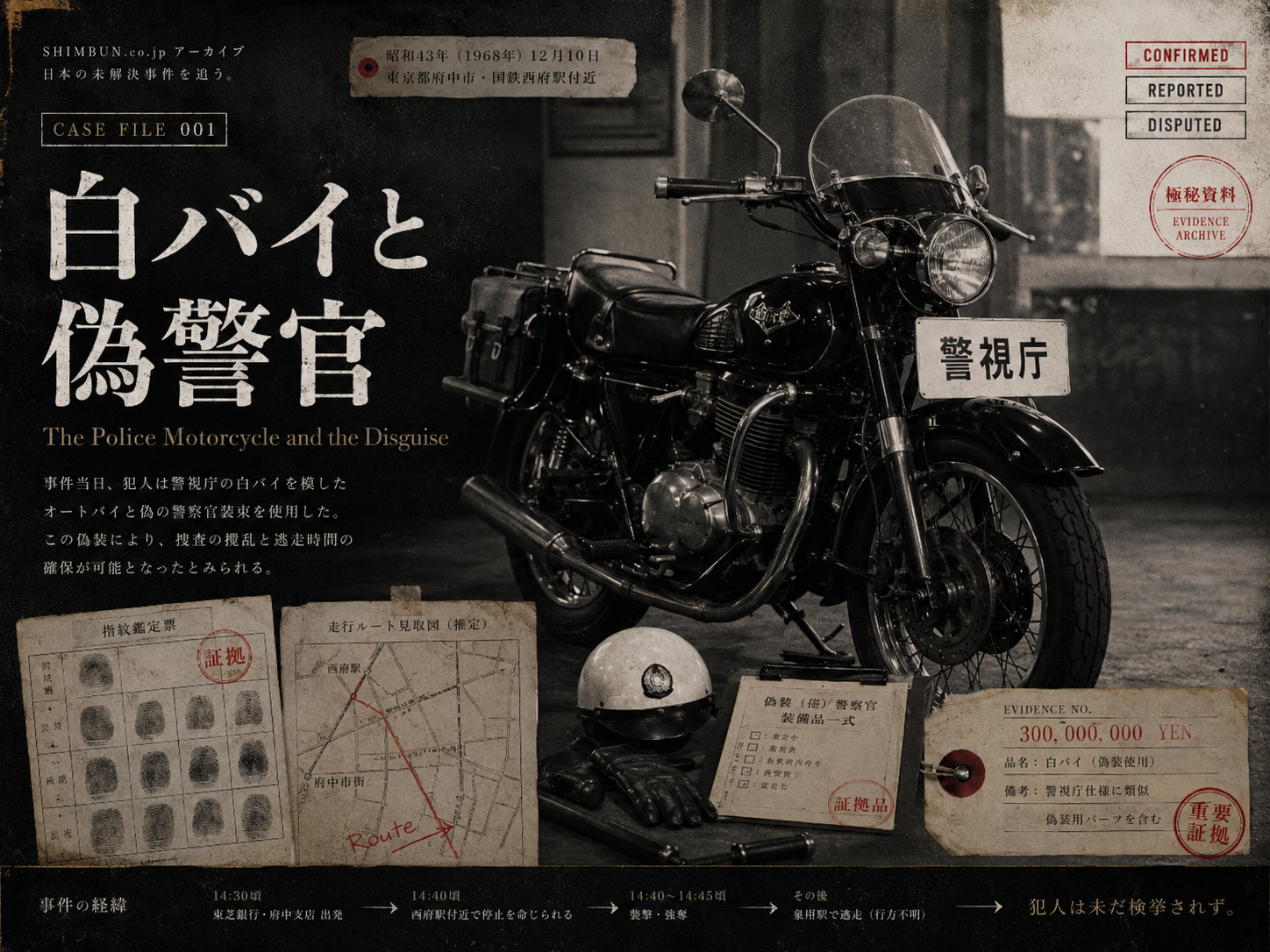 三億円事件の白バイ警官を装った手口を表現した画像