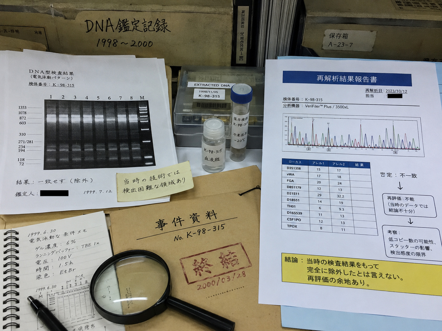 初期DNA鑑定と再鑑定を示す資料画像